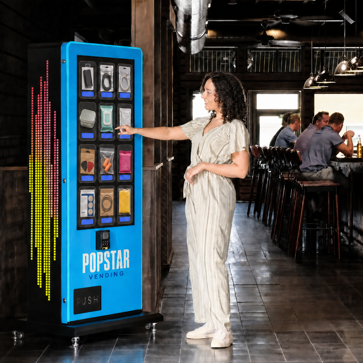 Guest using a branded Popstar Vending machine stocked with nightlife essentials