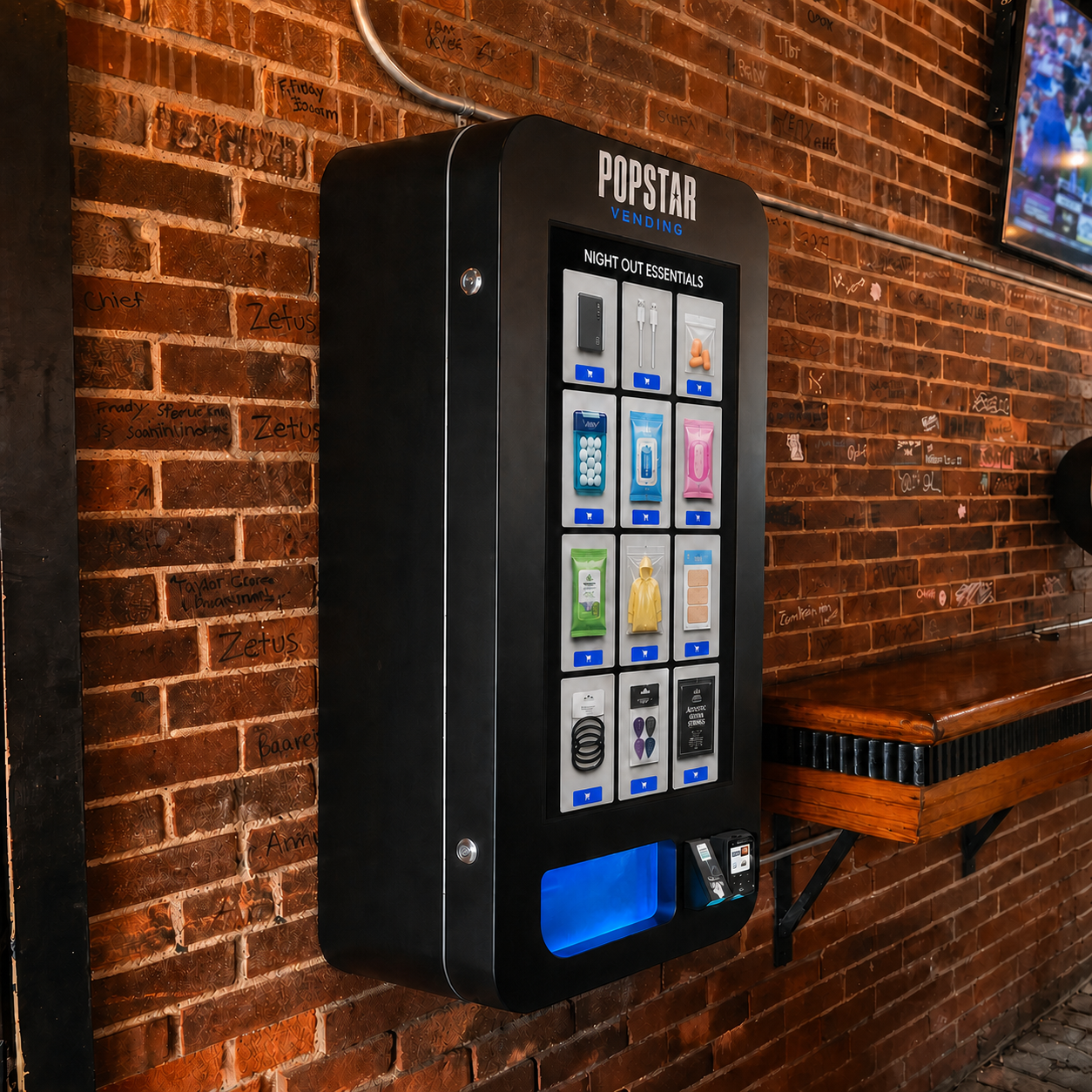 Compact wall-mounted Popstar Vending machine stocked with nightlife essentials